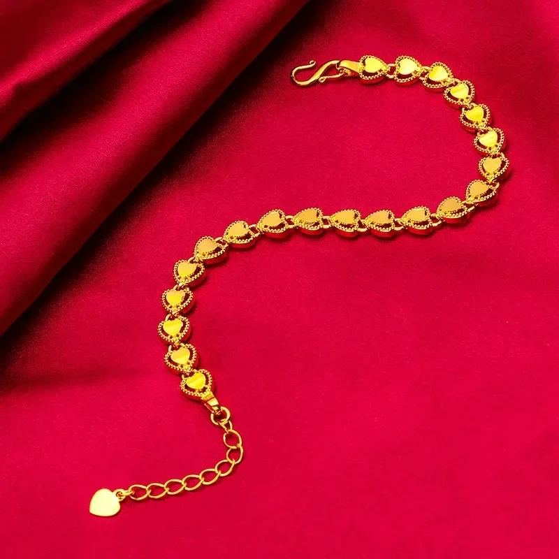 Heart Bracelet For Women, 24K Gold, AU999 | Polished Heart Charms On Delicate Chain, Sleek And Radiant For Daily