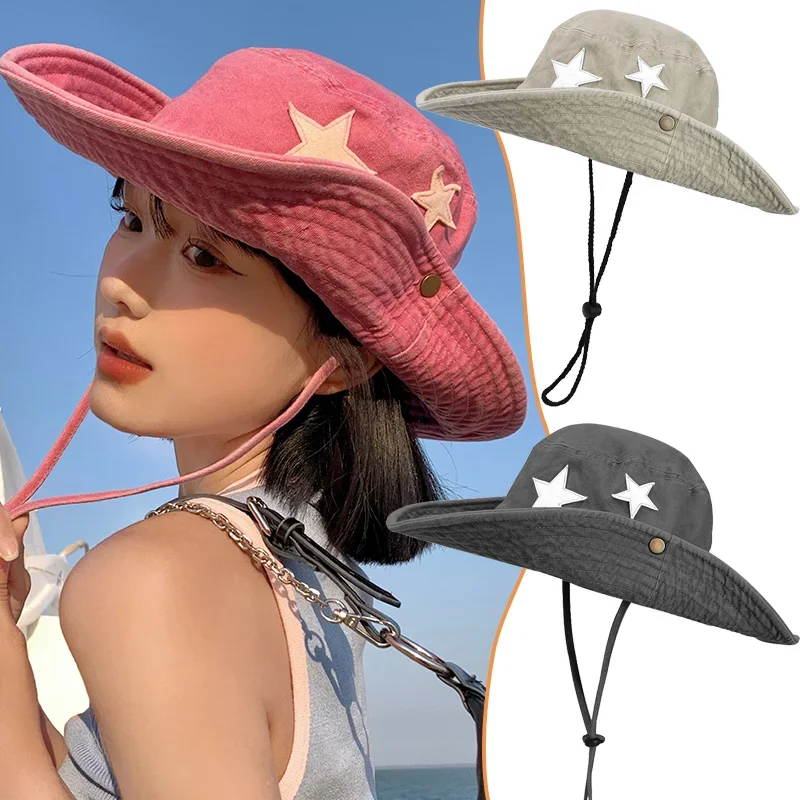 Y2K Pink Star Wild Western Cowboy Caps Unisex Neck Draw String Adult Size Fashion Trendy Denim Adjustable Bucket Hat For Women