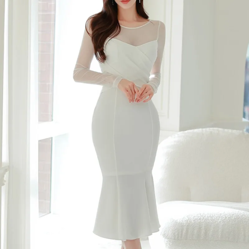 Office Lady White  Dress Bodycon O-neck Korean Chic Elegant Women Dresses Evening Party Business High Waist Vestidos