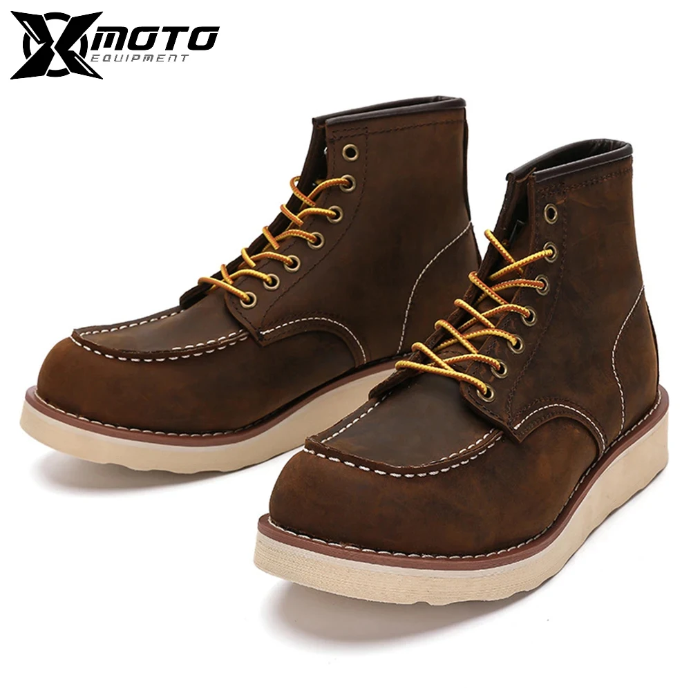 Motorcycle Ankle Boots Genuine Leather Vintage Shoelace Ankle High Work Boots EU 39-44 Racing Super Quality Cowhide Casual Boots