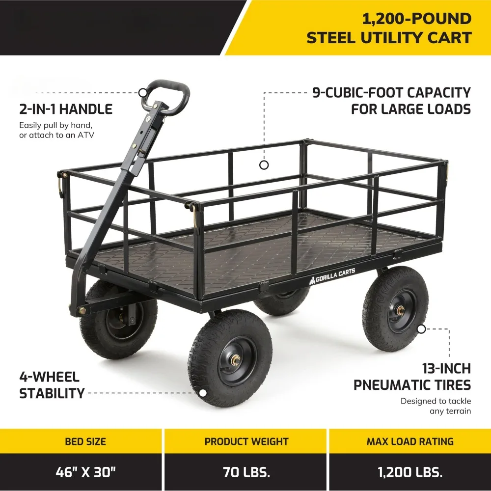 1200 Lbs Yard Utility Garden Cart, Steel Outdoor Gardening Wagon Cart with Tow Handle and Removable Sides, 9 Cubic Feet