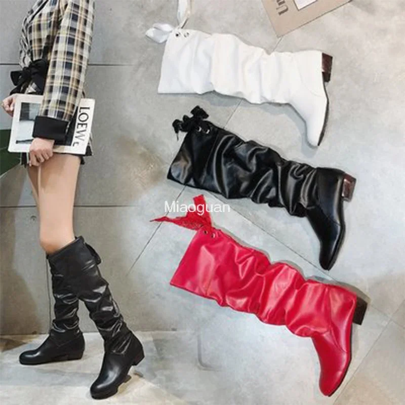 Shoes for Women 2023 Spring Knee High Boot Red Black White Tall Boots Woman Pleated Low Heel Casual Leather Female Long Shoes PU