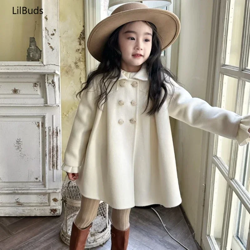 

2024 Children Vintage 100% Wool Double Face Cashmere Coat Korean Outdoor Handmade Girls White Pleated Outerwear Winter Clothing