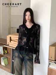 CHEERART Autumn Black Long Sleeve Lace Blouse Women Flare Sleeve Ruffles See Through Ladies Top Korean Fashion Fall Clothes