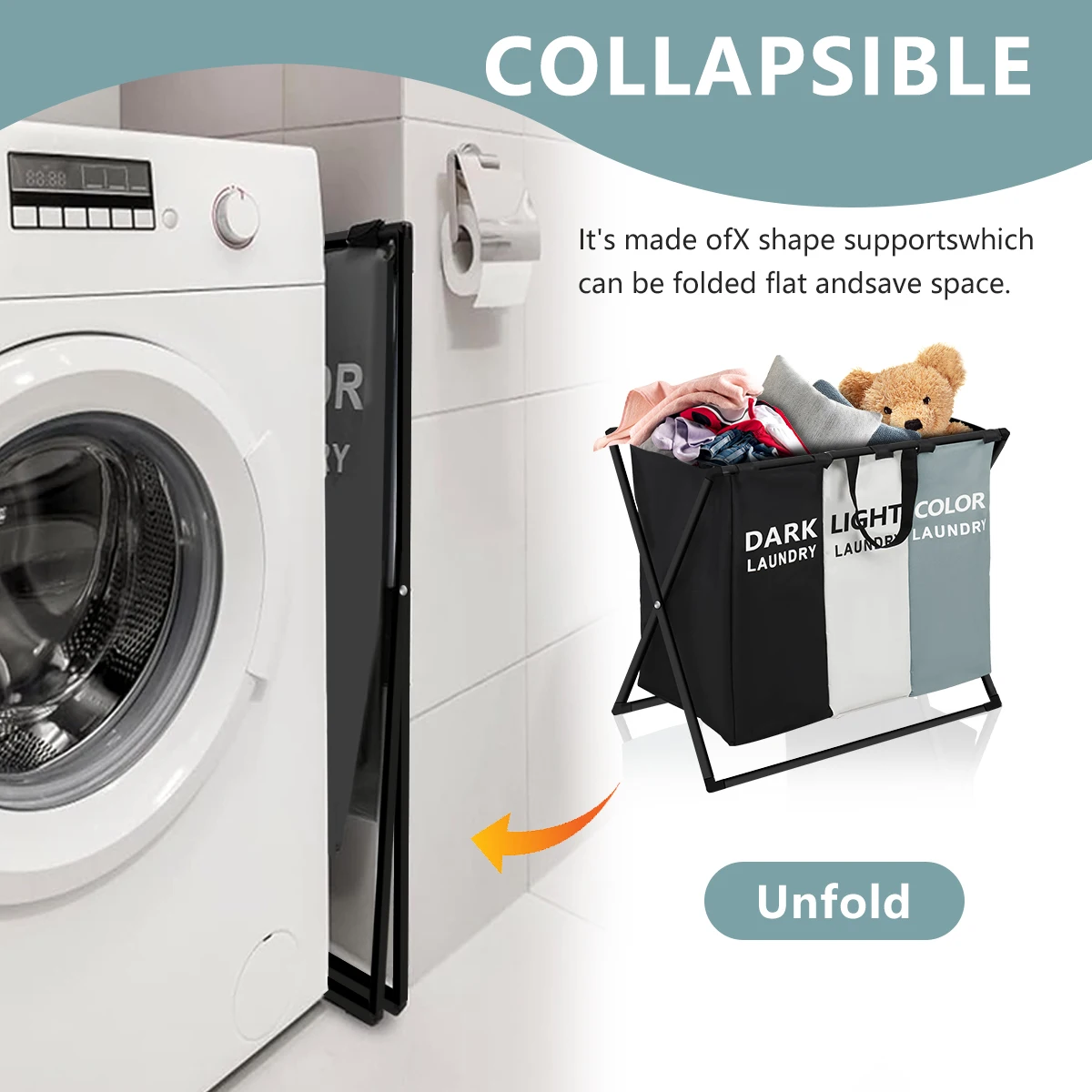 3 أقسام مقسمة سلة الغسيل سلة الغسيل الكبيرة طوي صندوق غسيل القذرة صندوق تخزين ملابس حقيبة تخزين المنزل