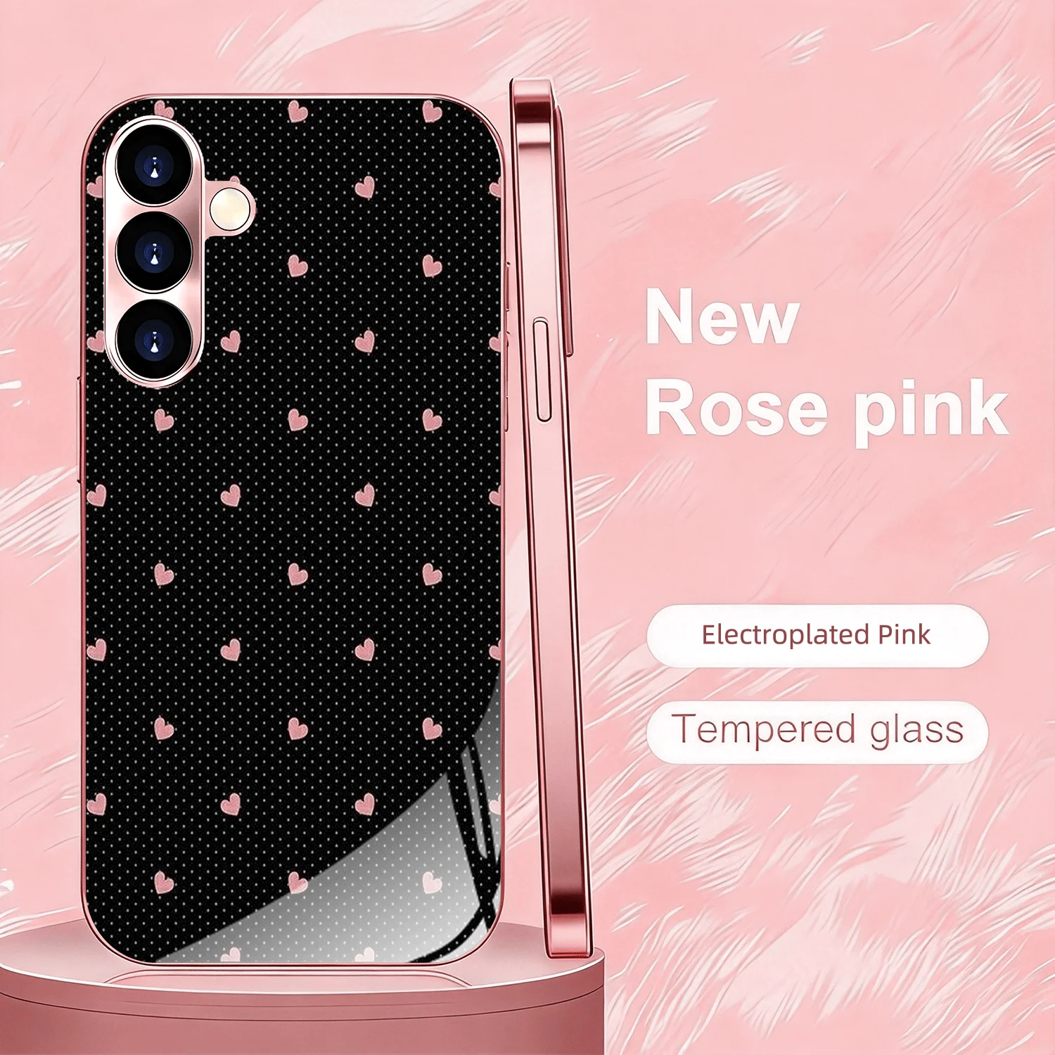 Polka Heart Rose Gold Tempered Glass Phone Case for Samsung GalaxyS26 25 24Ultra FE 5G 2D Shockproof Protective Cover Girls Gift