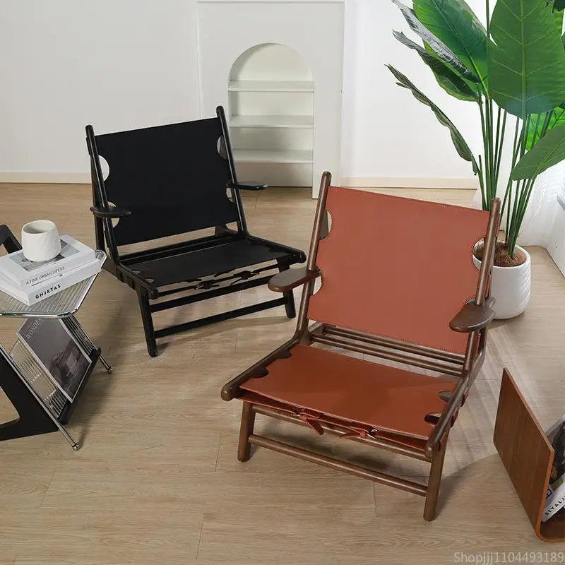

Nordic Solid Wood Hunting Chair, Saddle Leather Lounge Chair, Vintage Ashwood Designer Sofa for Creative B&B