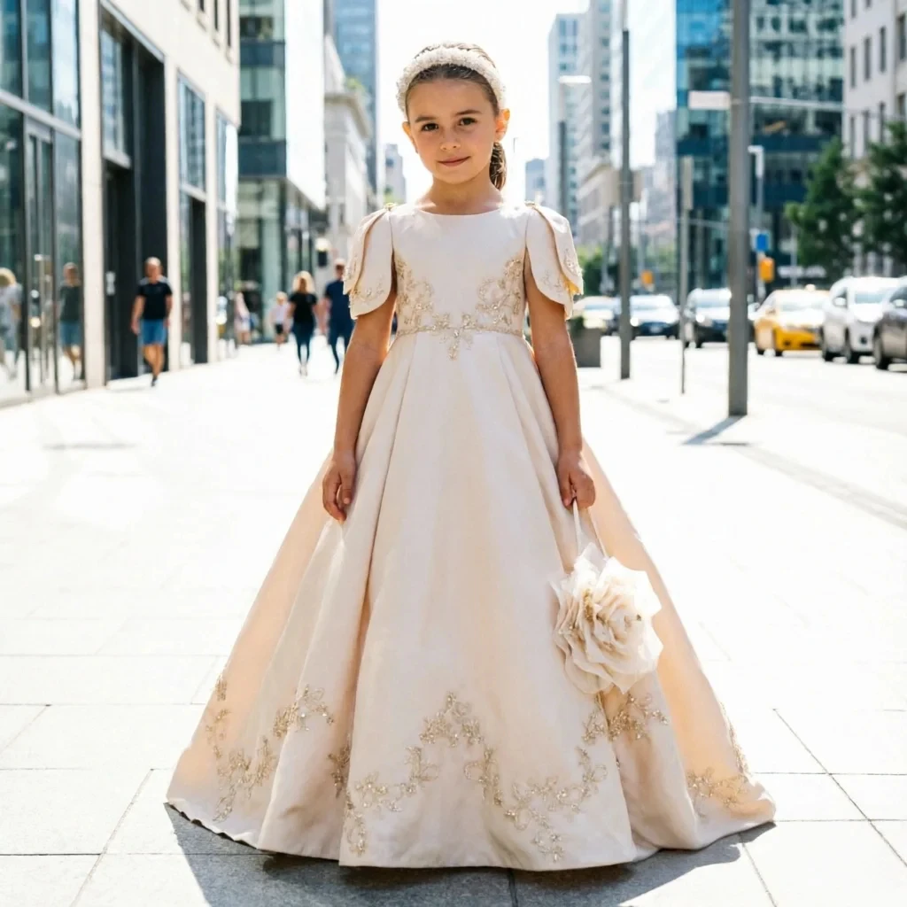 Customized Flower Girl Dress For Wedding Appliques Short Sleeve Floor Length Elegant Kids Birthday Party First Communion Gown