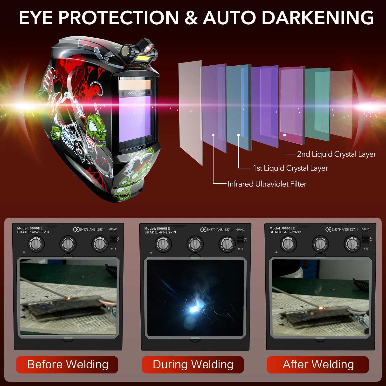 Welding Helmet Auto Darkening with LED Light Large View True Color 4 Arc Sensor Wide Shade 4/5-9/9-13 for TIG MIG Arc Grinding