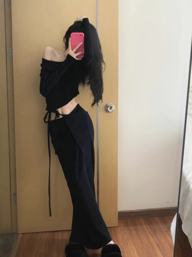 Women Fashion Two Pieces Set Slash Neck Long Sleeve Off Shoulder Irregular Crop Top + Autumn Y2k Ins Bandage Slim Elegant Skirts