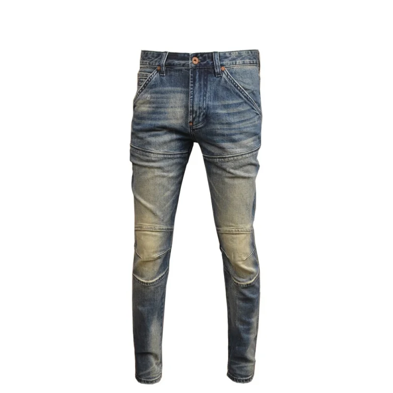 Retro Distressed Stitching Jeans Men's Fashionable Slim Fit Skinny Stretch High-End Casual Tight Motorcycle Men's Pants