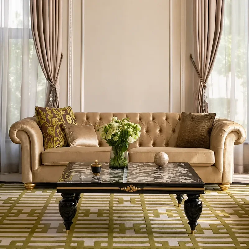 Modern Light Luxury 3 Seater Sofa Champagne Fabric Buckle Design Soft Upholstered Couch for Living Room Showroom Sales