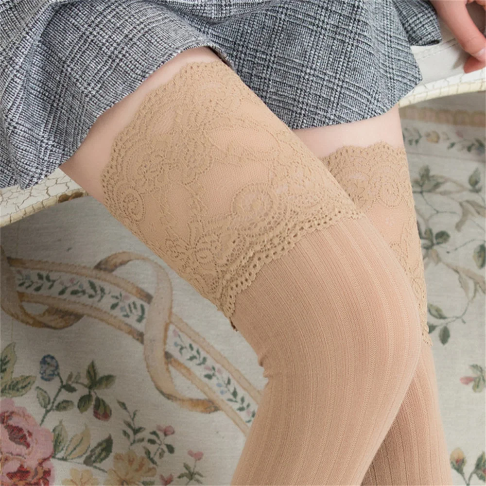 Chaussettes en dentelle sexy sur le genou pour femmes, bas longs, chaussettes tricotées, chaussettes hautes, noir, blanc, solide, document, Lolita, chaud, hiver