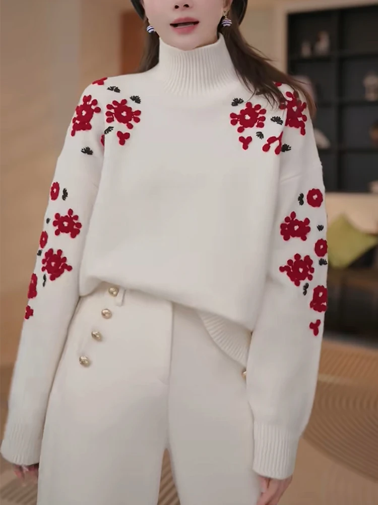 

Ele вязаный свитер, мягкий и цветочный вышивка, красивая леди, зима, Новый год, большой размер, высококачественный, для поездок на работу, Sle