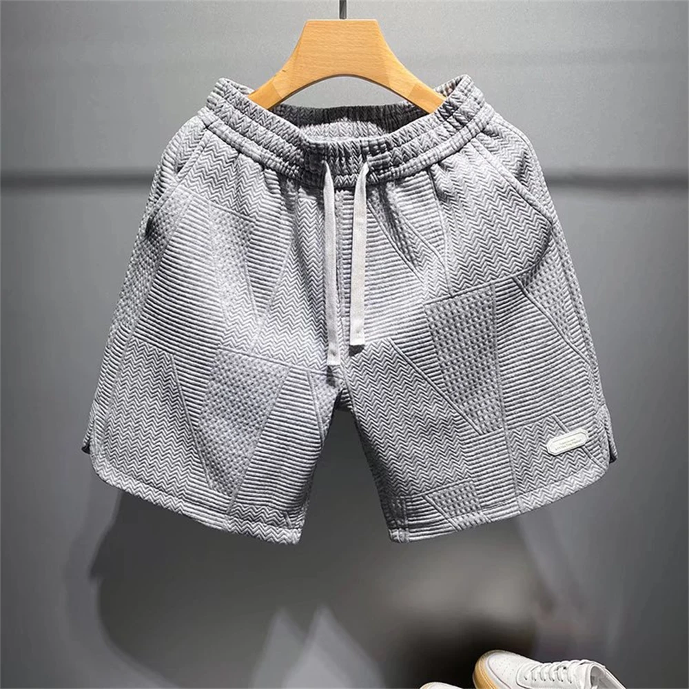 Men's Casual Shorts Summer Wave Pattern Solid Color Drawstring Loose Short Pants High Quality Harajuku High Street Shorts