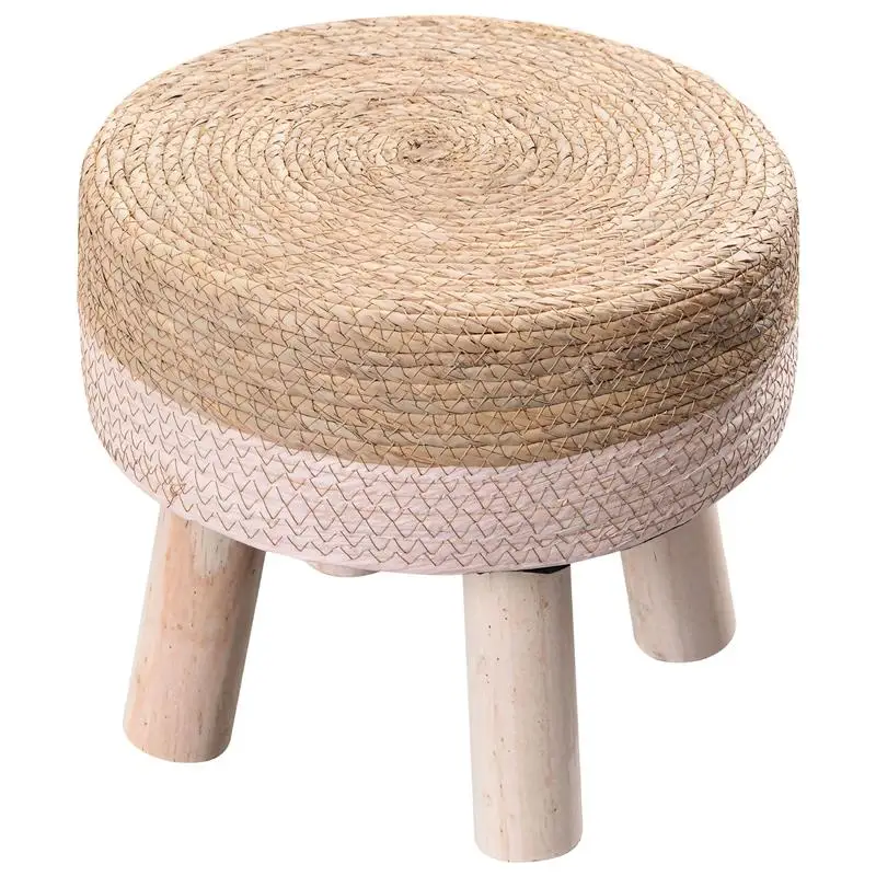 Natural Seagrass Rattan Footstool Hand Woven Pouf Foot Stool Wood Legs Couch Soft Step Stool Shoe Change Stool Padded Foot Rest