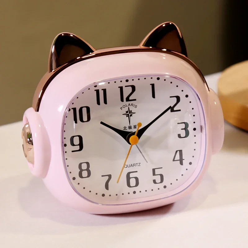 Quartz Cute Cat Ear Alarm Clock with Night Light Home Use Desktop Display Silent Sweep Snooze Bedside Decoration Alarm Clock