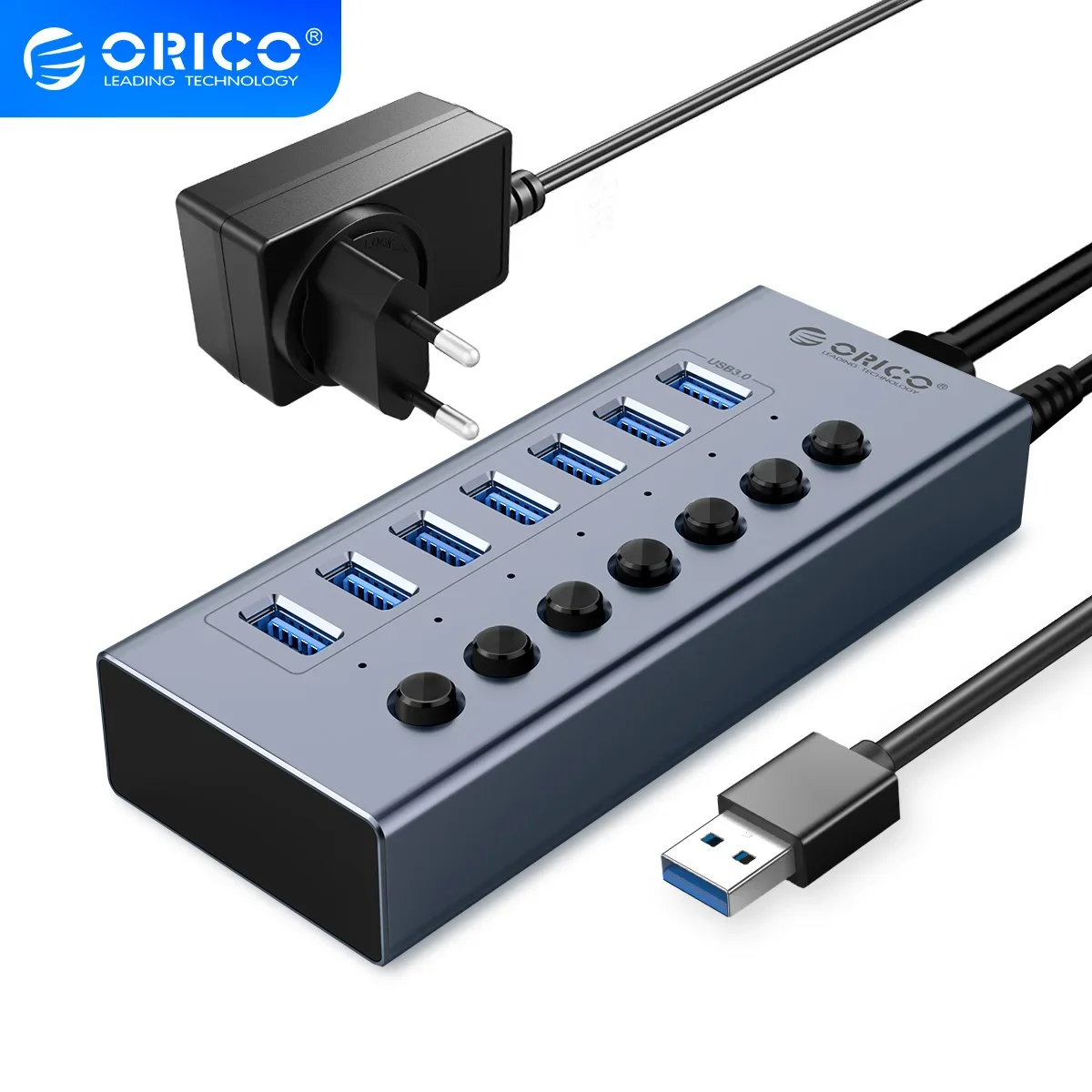 

ORICO USB 3.0 HUB 7/10 -Port Aluminum USB Splitter On/Off Switch 12V Power Adapter Support Charging for Computer USB Docking