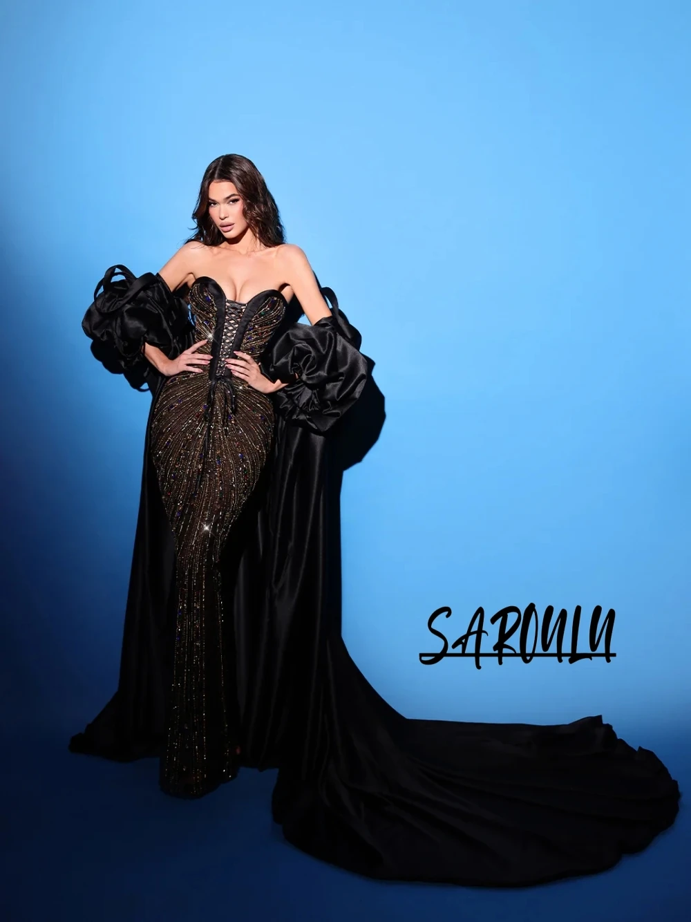 

Black Sweetheart Neckline Beaded Evening Dress With Ruffled Cape Dainty Long Dazzling Gorgeous Customized Formal Banquet Wear