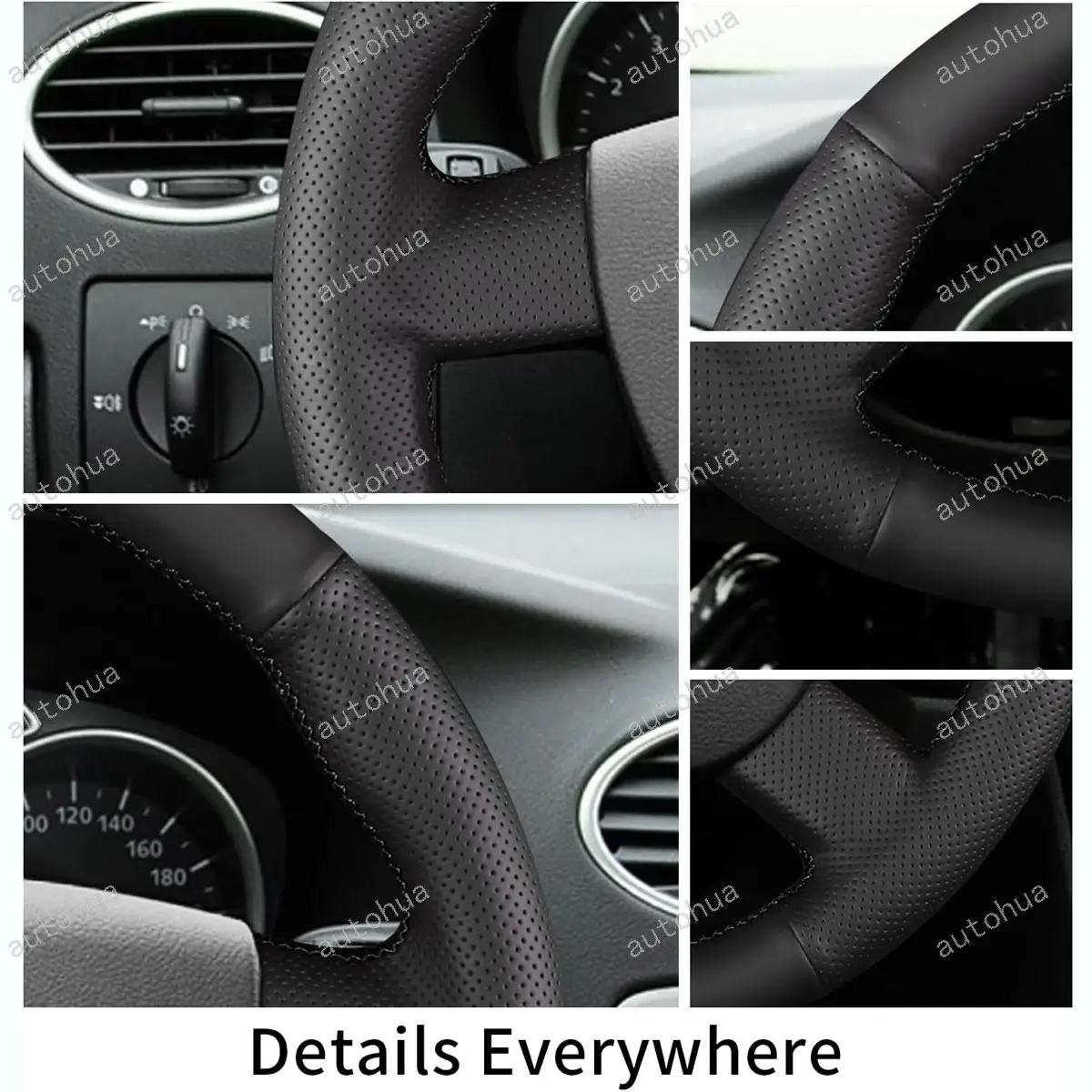 غطاء عجلة القيادة مخيط يدويًا لسيارة Ford 2008 Kuga/2007 C-MAX/2003 Focus CMax، جلد من الألياف الدقيقة غير قابل للانزلاق وجيد التهوية