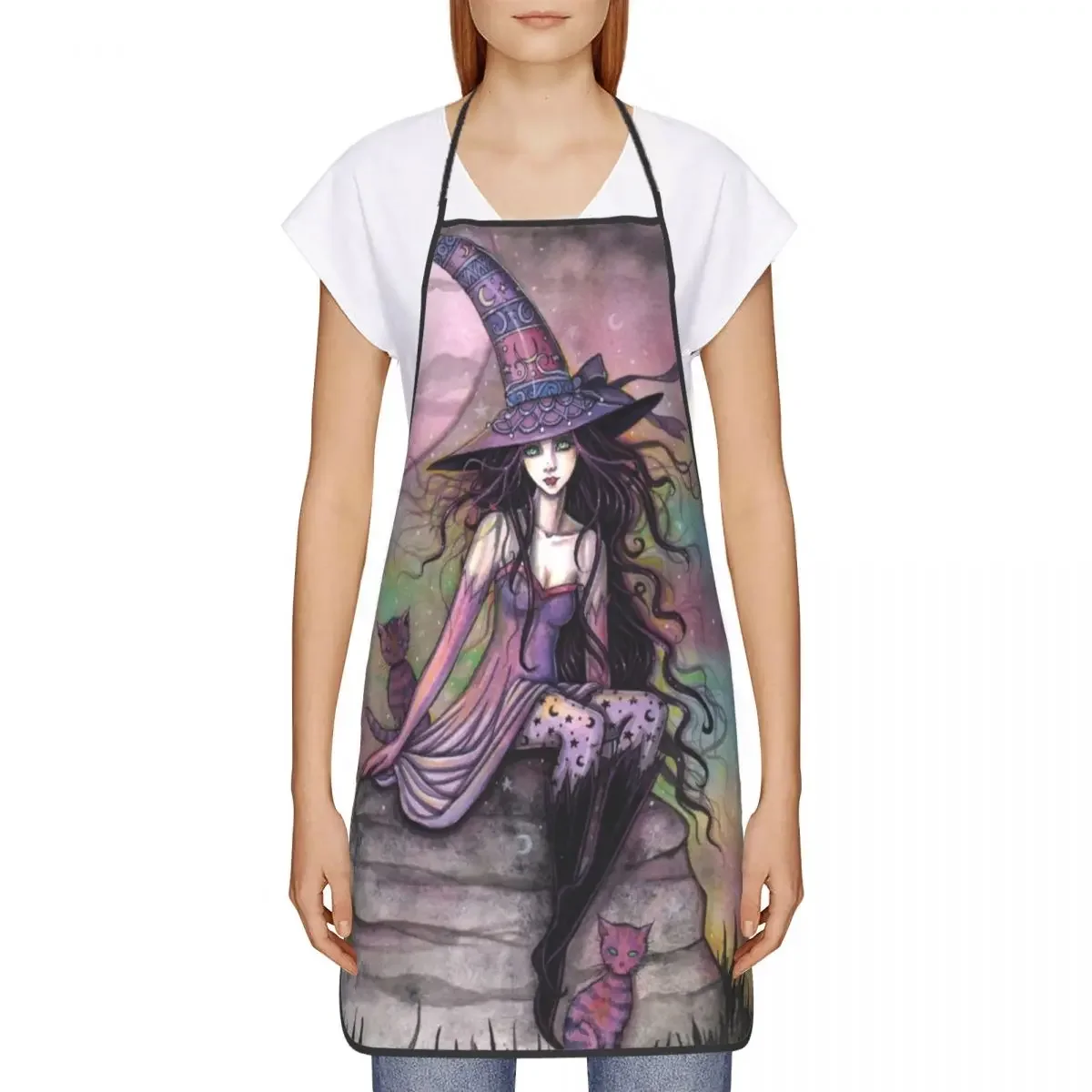 Unisex Enchanted Twilight Witch Cat Fantasy Art Bib Apron Women Men Chef Tablier Cuisine for Cooking Kitchen Halloween Gardening