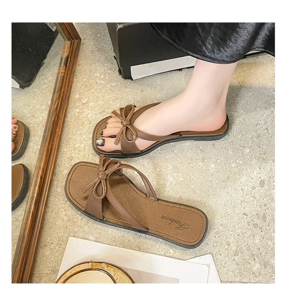 1 Pair Soft Sole Flat Sandals Anti Slip Open Toe Slip on Sandals Wear Resistant Lightweight Women Bow Decor Flat Bathroom Use