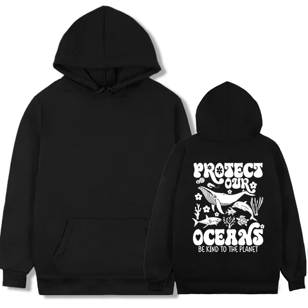 Jersey con capucha holgado y moderno, protegendo nuestro océano. Patrón de vida oceánica y eslogan de cuidar de la tierra. Casual tan