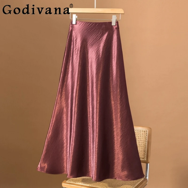 

Women Summer Large Size Temperament Satin Black Korean Skirt Elegant Medium and Long Banquet High Waist A-line Fishtail Skirts
