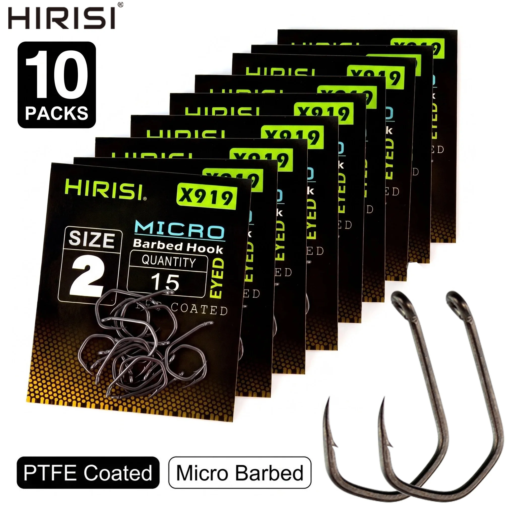 Hirisi X919 150 Peças Anzóis de Pesca de Carpa com Olhal em Aço de Alto Carbono Revestido com PTFE, Design Micro Farpa, Acessórios para Pesca Terminal