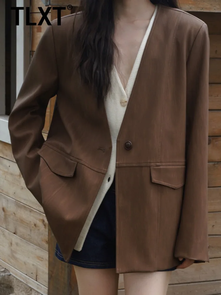 

TLXT модная и минималистичная тканевая подкладка без воротника контрастная куртка из искусственной кожи для женщин, весенняя новинка 2023 года, одежда