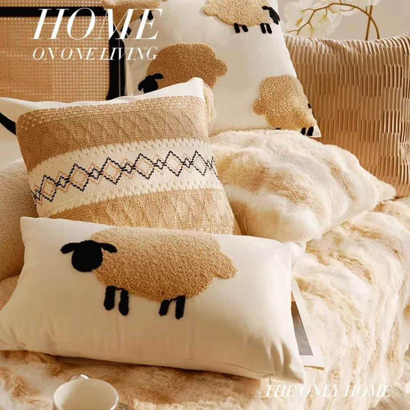 30x50/45x45CM Cute Sheep Throw Pillow Cover Simple Brown Cartoon Stamping Waist Cushion Cover Decor Home Decorative Pillowcase