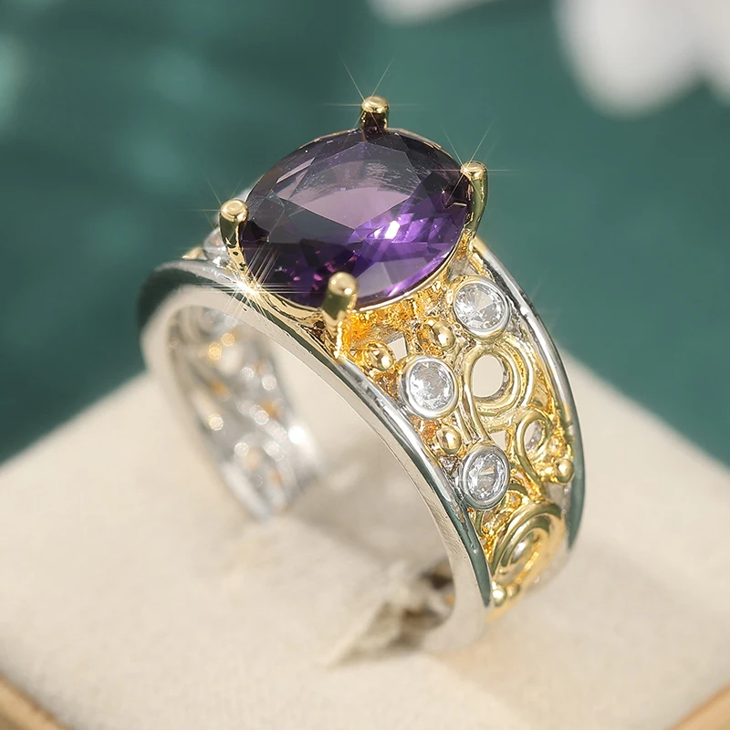 Vintage-Ring für Damen mit eingelegten weißen und violetten CZ-Steinen, schillernd, zweifarbig, handgeschnitzt, hohl, für den täglichen Gebrauch, Party-Schmuck, Jubiläumsgeschenk – Detail 2