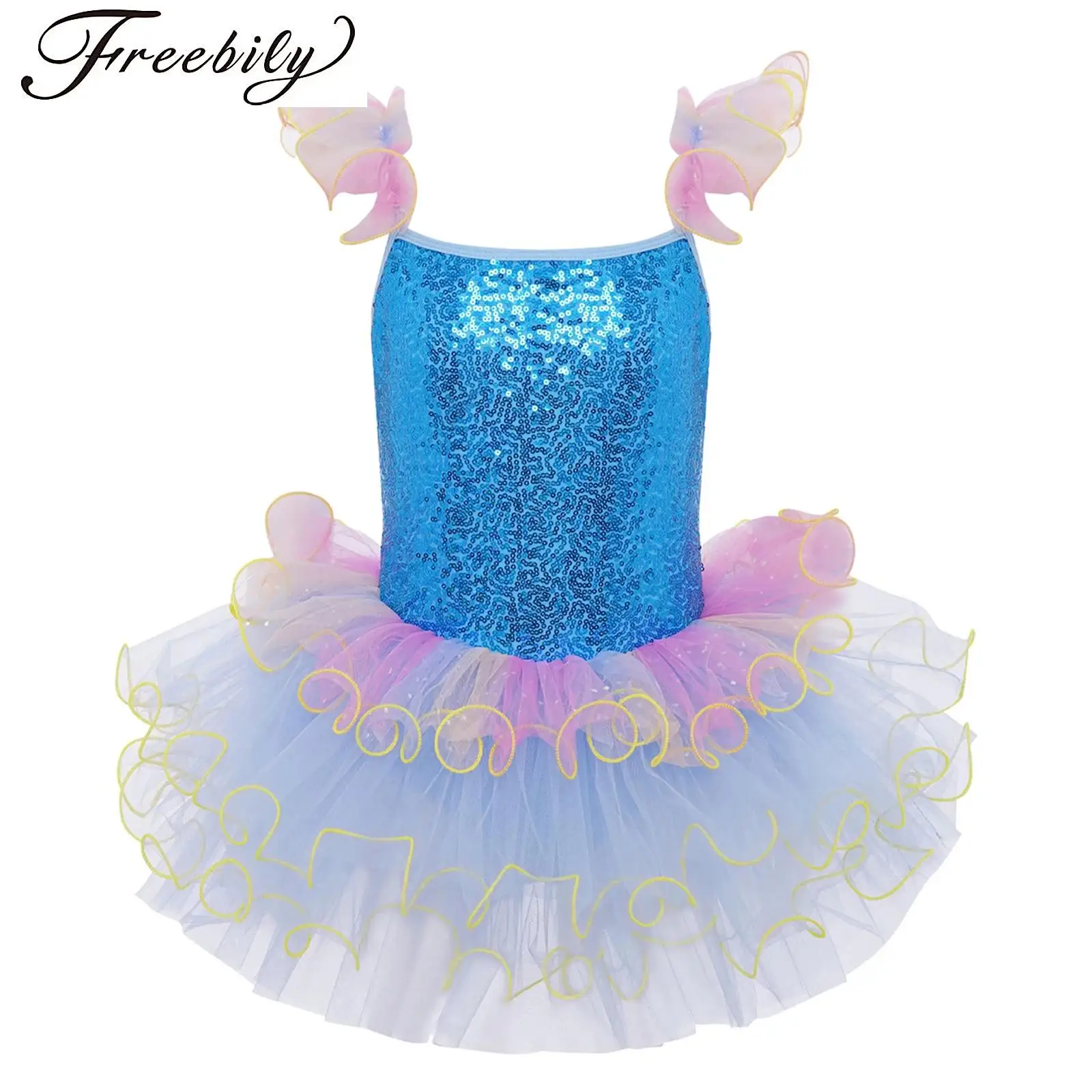 

Kids Girls Ballet Dance Dress Ruffled Sleeves Sequin Bodice Layered Tulle Leotard Dress Gymnastic Ballerina Performance Dancewea