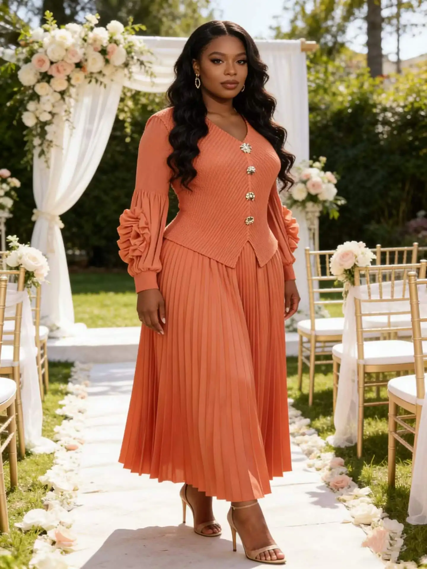 Miyaki Skirt Suit Plus-Size Skirt Set, Top + Skirt with Ruffle Sleeves and Pleated Skirt, Hot-Selling for Everyday Casual Wear, Commuting, and Elegant Socialite Style