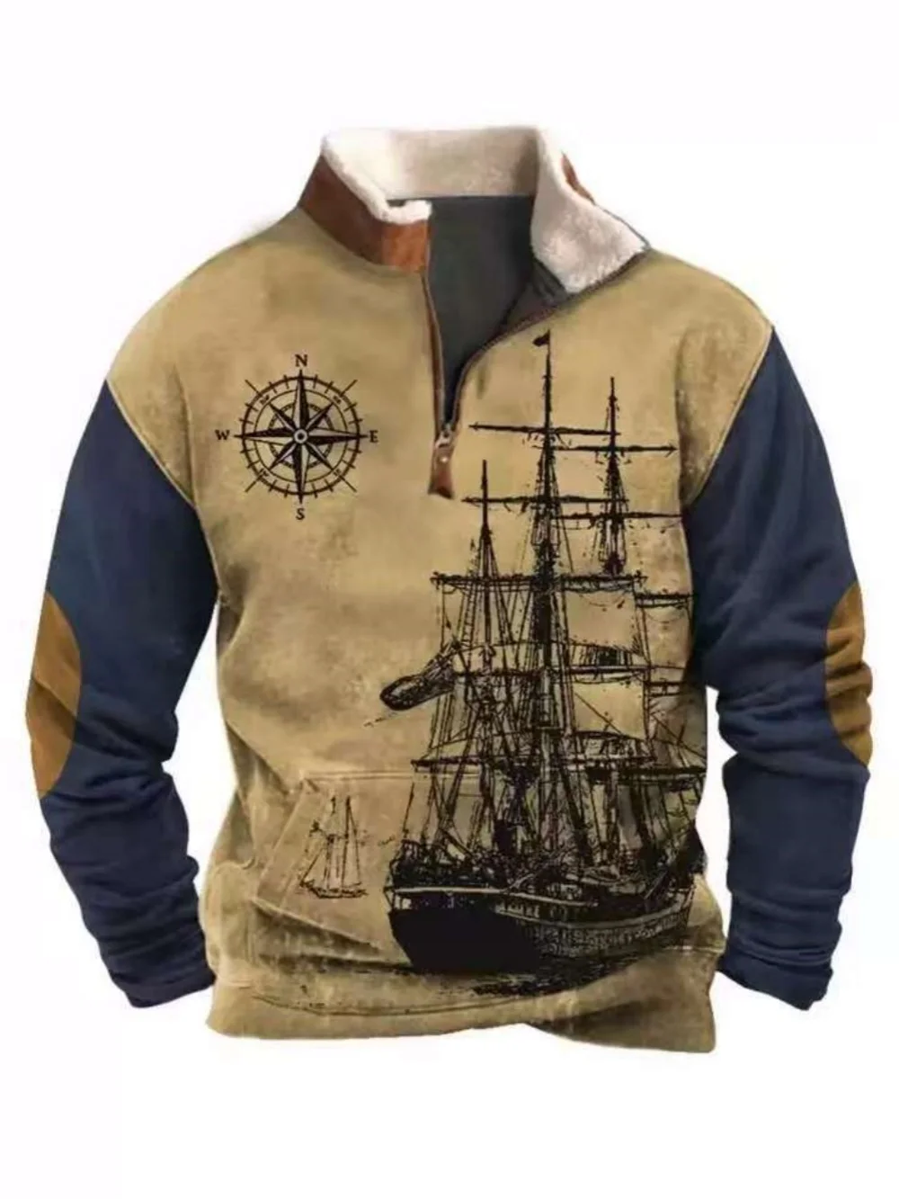 

New style European and American men's fall/winter coat jacket with 3D print, long sleeves, half-zippered, stand-up collar top sh