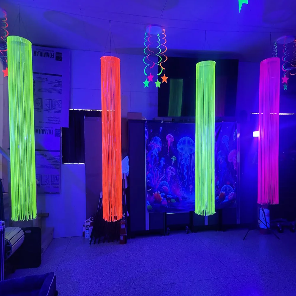 Neon Party Dekoration Bunte Folie Fransen Vorhang Hintergrund Photo Booth Lametta Vorhang Glow Thema Geburtstag Bachelorette Regenbogen – Detail 2