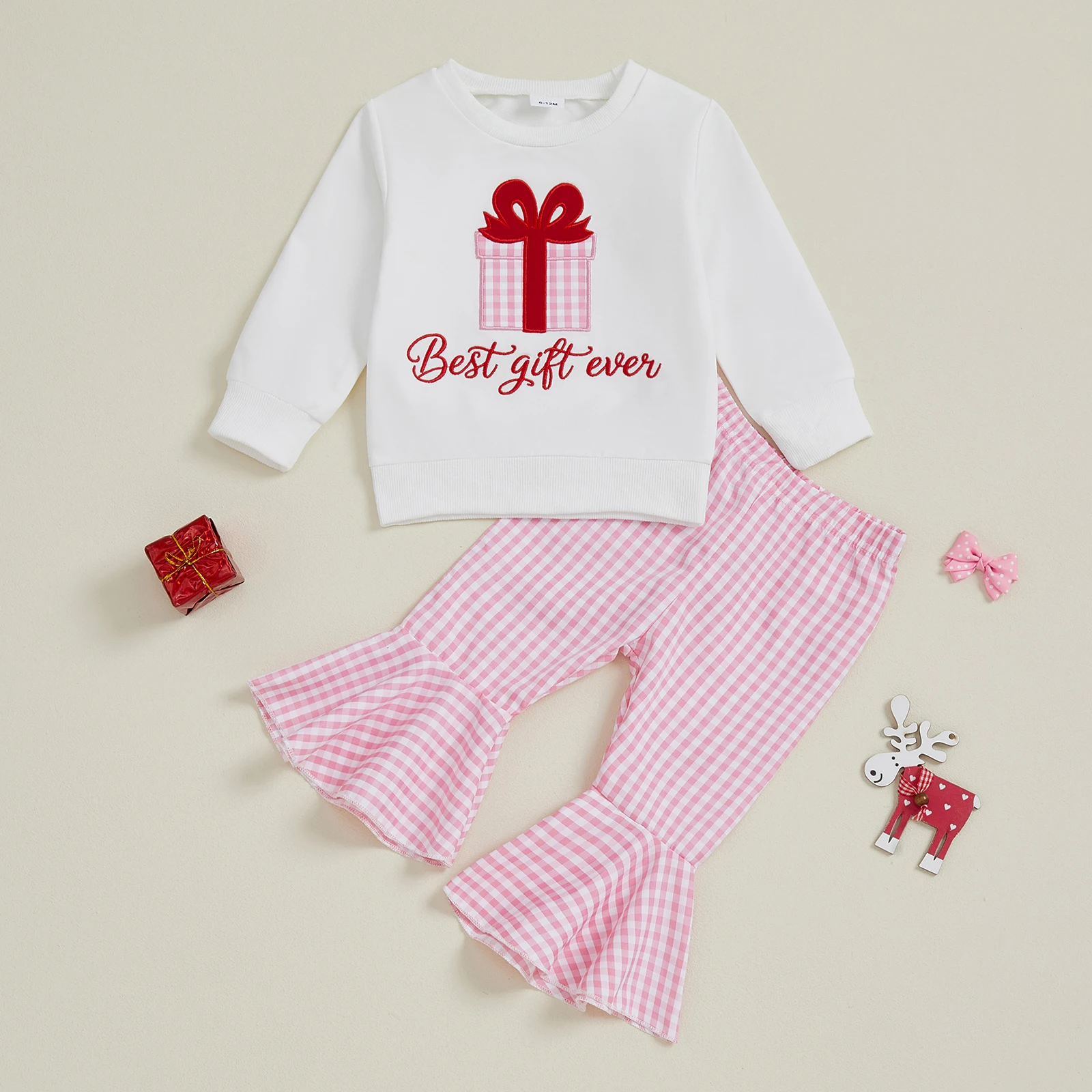 طقم سويت شيرت بأكمام طويلة مطبوع ومطرز لعيد الميلاد للفتيات الصغيرات مع قيعان جرس منقوشة مكونة من قطعتين #2