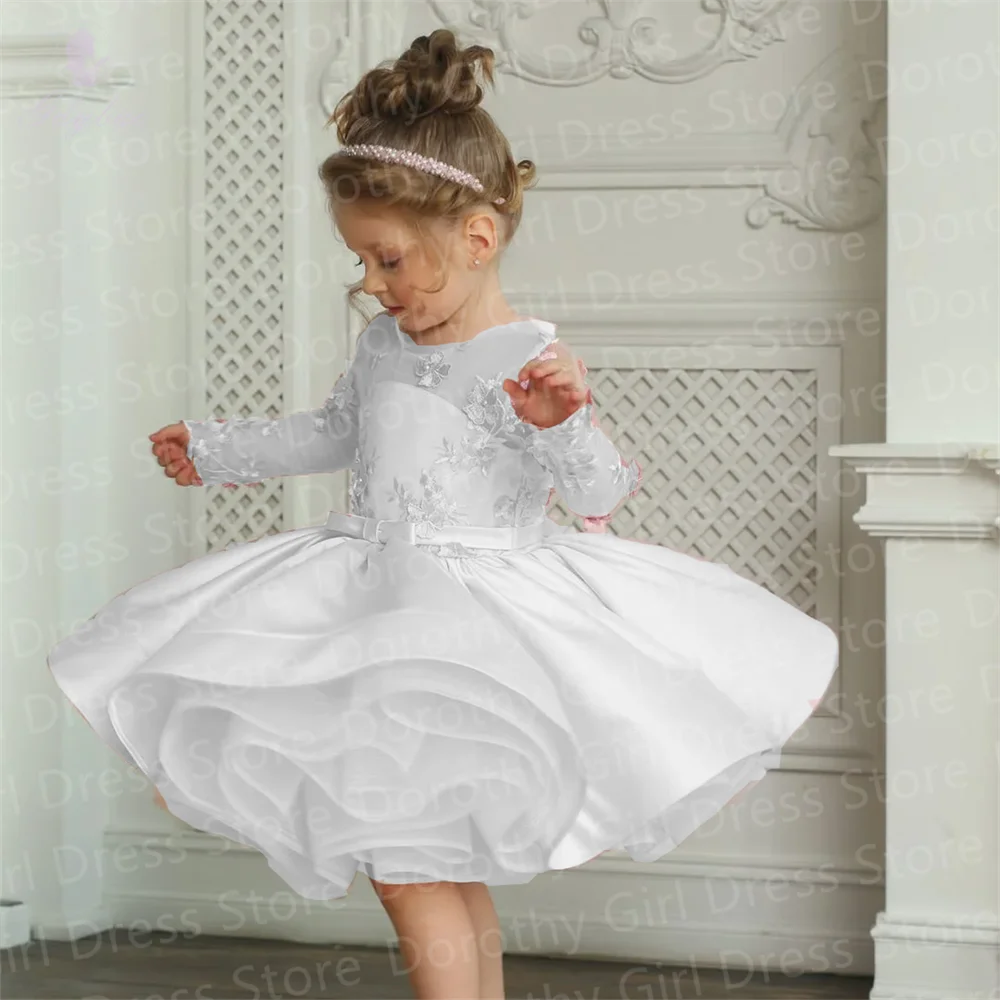 

Cute White Flower Girl Dresses Satin With Bow Gown Wedding Party Baby's Birthday Banquet Prom Dress Customized