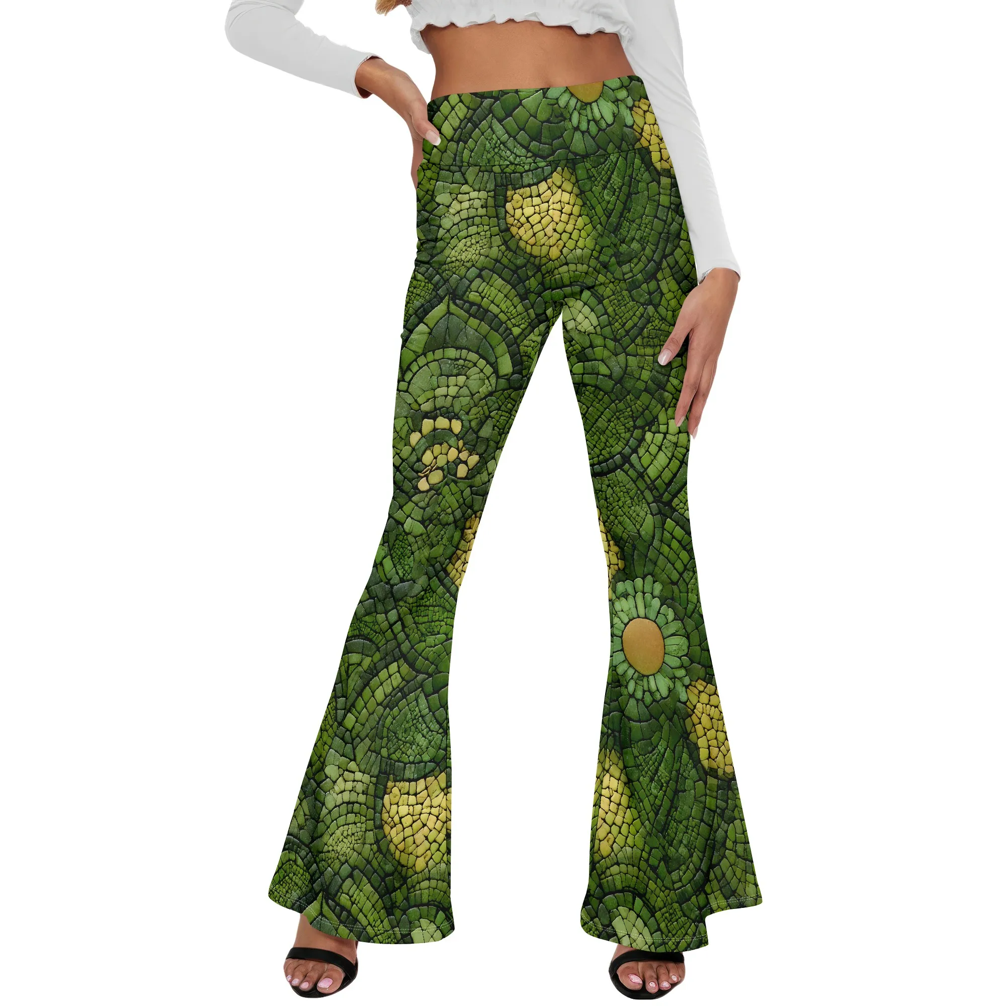 Floral Print Pants, Green Daisy Pattern Wide Leg Trousers, Retro Boho Bell Bottoms for Women, Matching Headband Set, S-2XL
