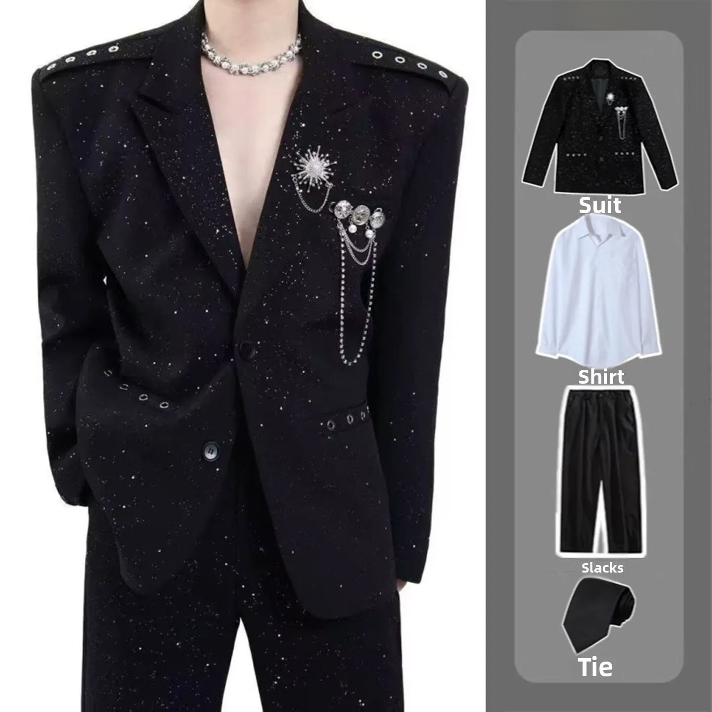 

Мужской костюм Bla Star: пиджак с металлическим декором, подплечниками, для сценических выступлений, свободный крой, полиэстер, повседневный стиль