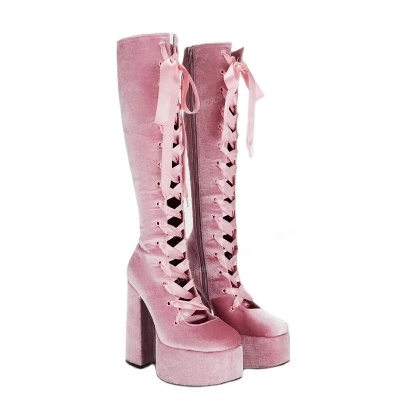 

Pink Suede Knee High Boots Cross Tied Hollow Out Round Toe Shoes for Women Chunky High Heels Shoes 2023 Zapatos Para Mujere