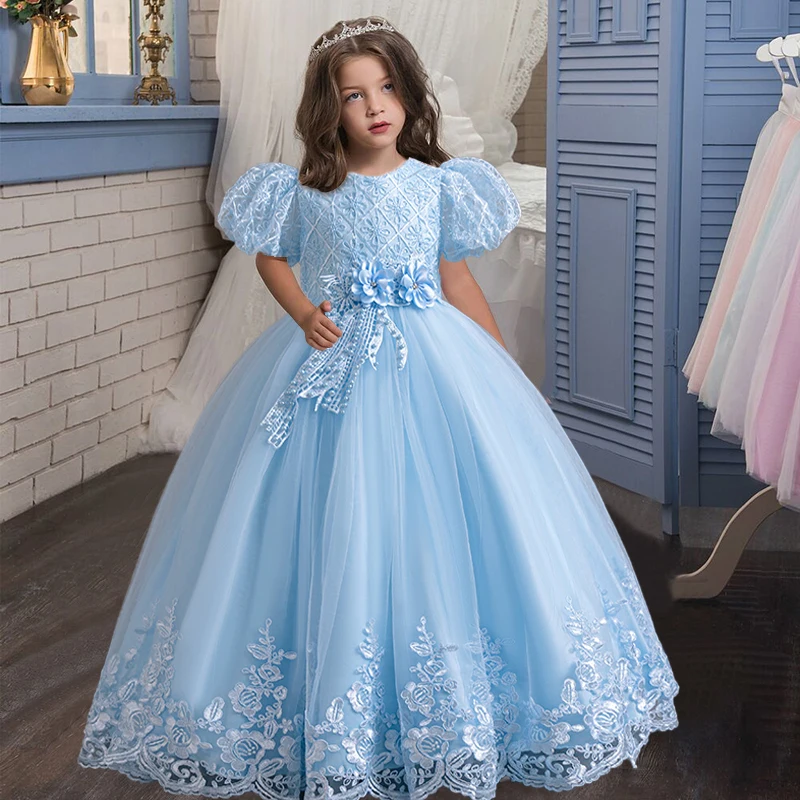 New Children\'s Dress Flower Birthday Party Girl Princess Dress Bubble Sleeves Lace Christmas Party Girl Formal Evening Dress