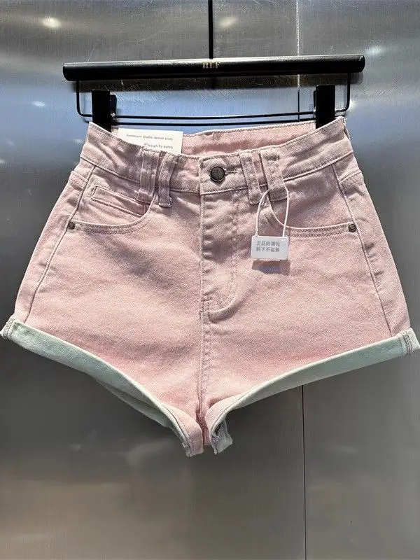 

Розовые эластичные сексуальные короткие джинсы с высокой талией и расклешенным низом, женские летние повседневные брюки с широкими штанинами в корейском стиле