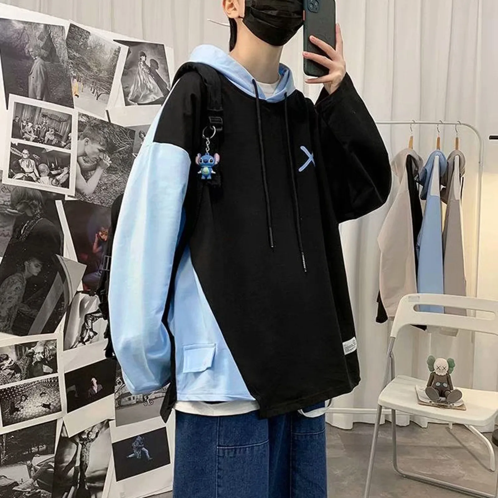 

Men Hoodie Y2k Spring Autumn Patchwork Hooded Drawstring Pullovers Harajuku Oversize Korean Version Loose Streetwear Tracksuits