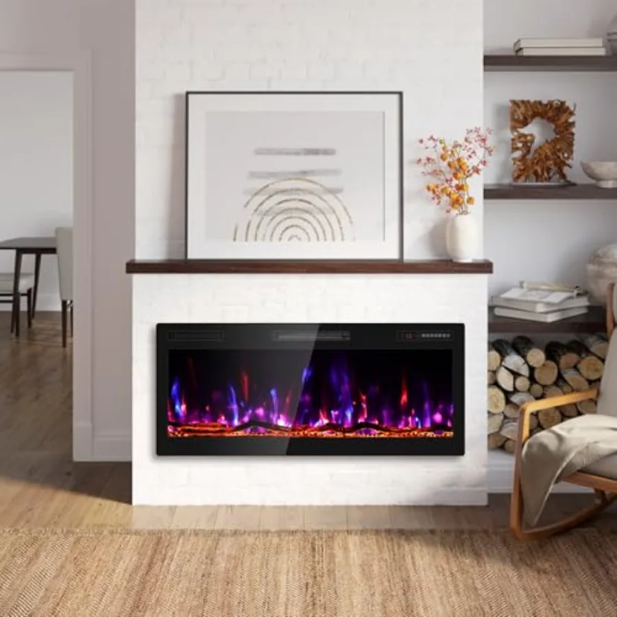 42 Inch Electric Fireplace Recessed and Wall Mounted Ultra Slim Linear Fireplace Heater with Realistic Log Design HD Lifelike F