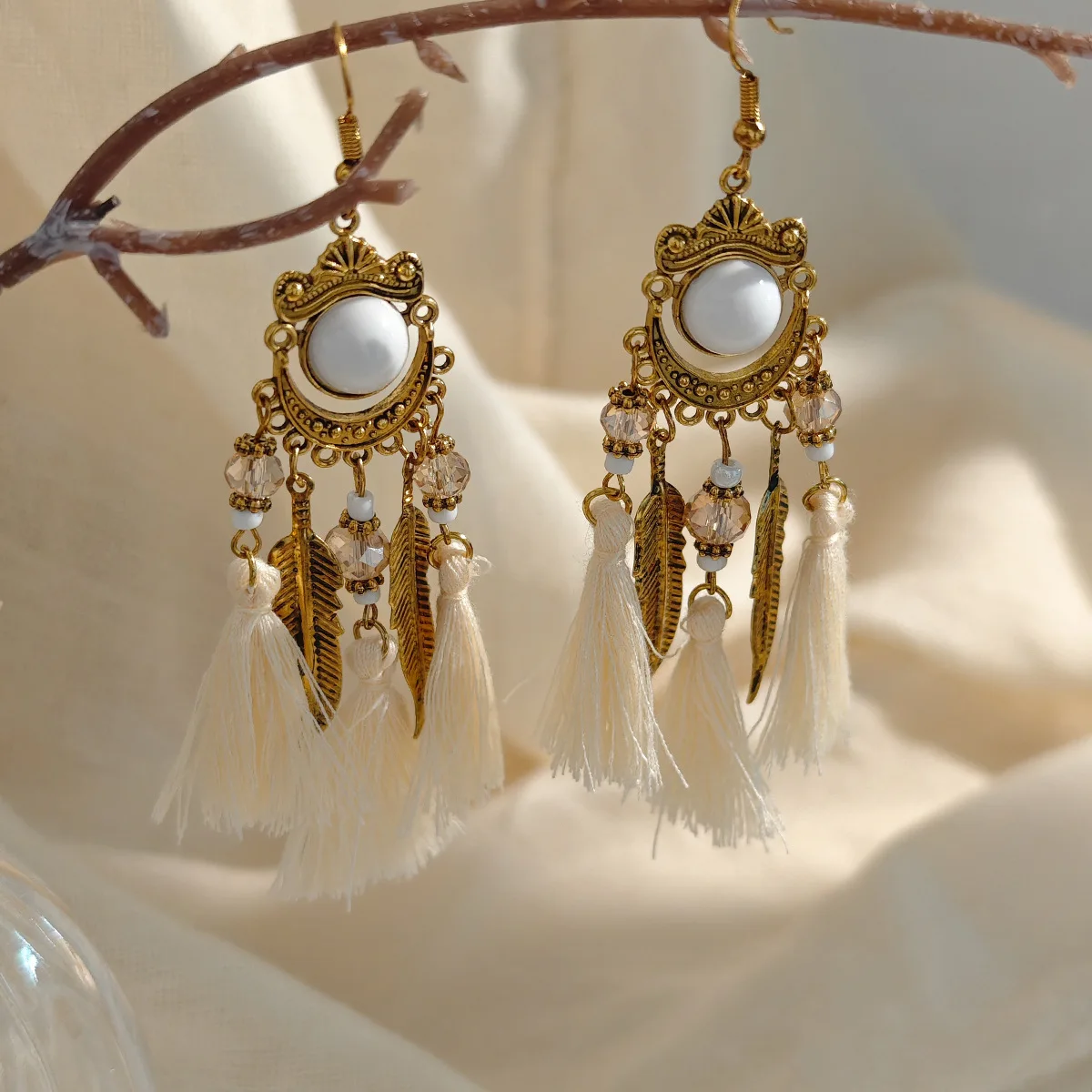 

SHXI2025 Premium 925 Pure Silver Hypoallergenic Ethnic Hollow Multi-Layer Leaf Geometric Tassel Earrings
