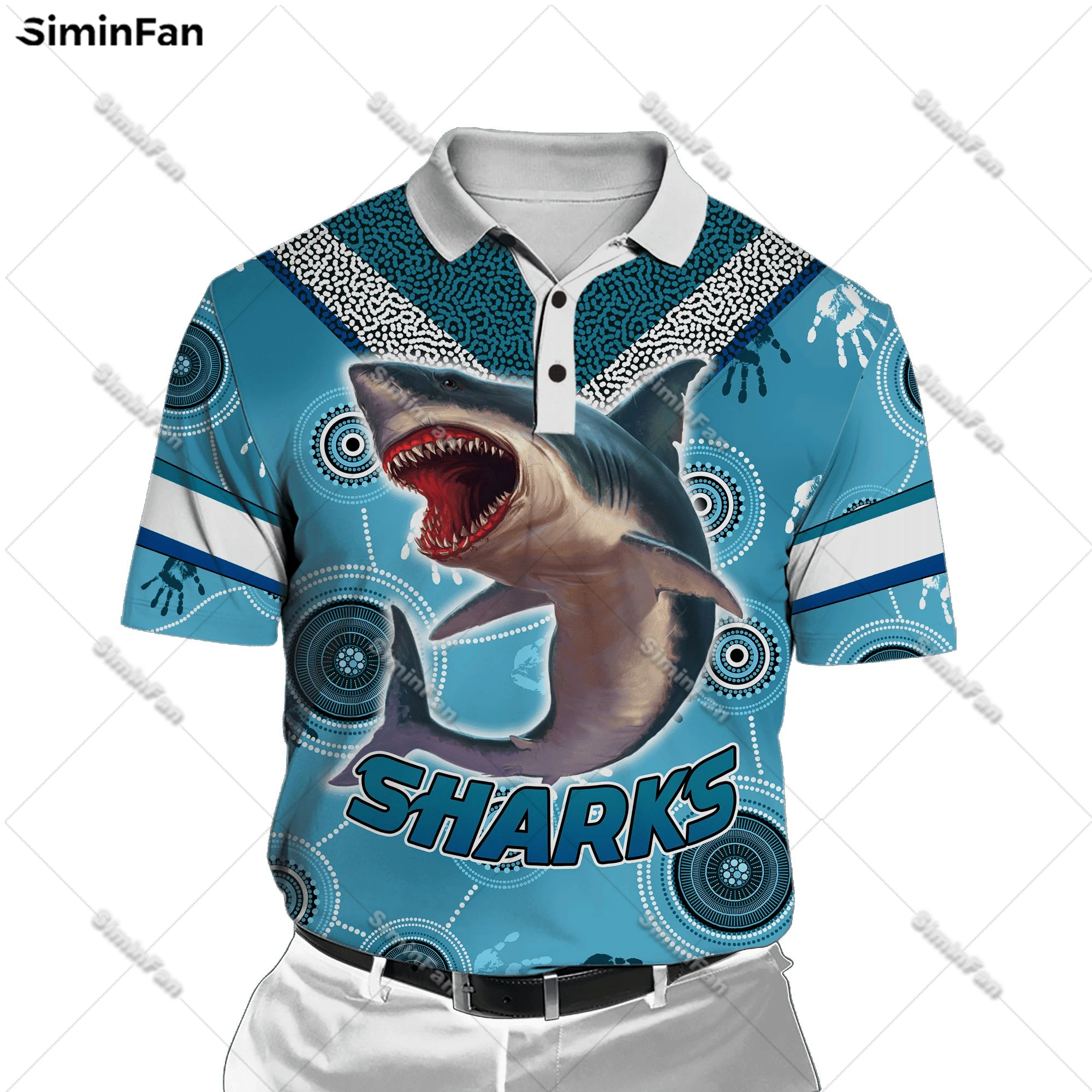 Blue Maori Shark Fishing Mens Polo Shirts 3D All Over Printed Male Lapel Tennis Tshirt Unisex Summer Short Sleeve Tee Female Top