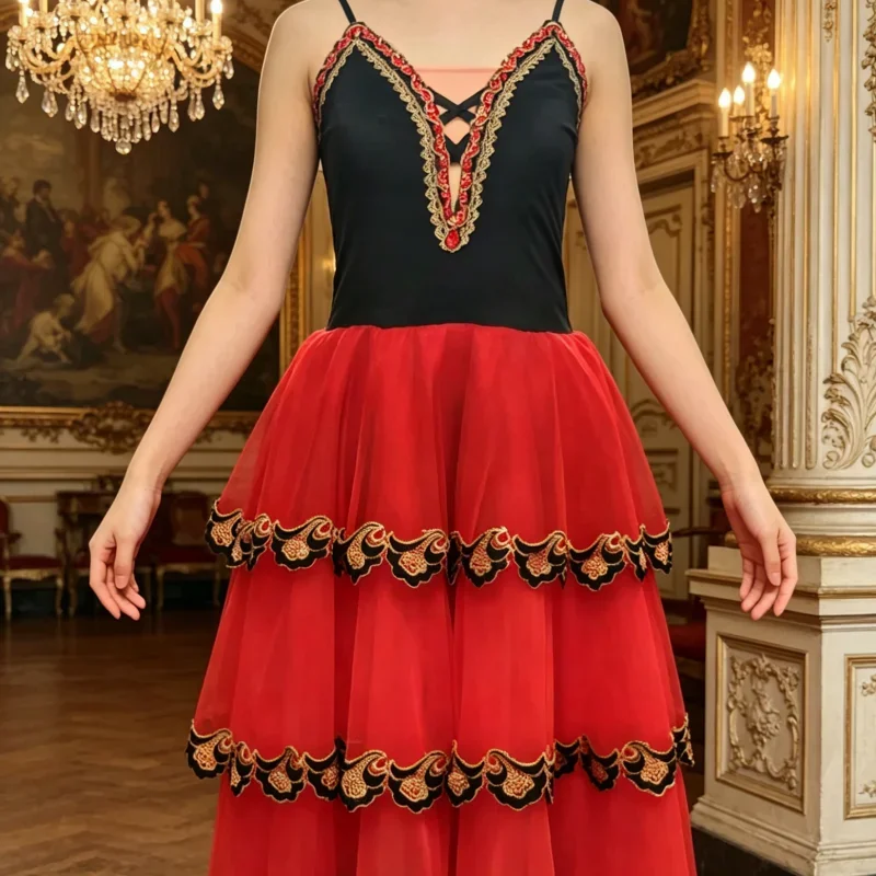 Kids Adults Don Red Spanish Dance Dress, Professional Ballet Performance Costume with Tiered Skirt