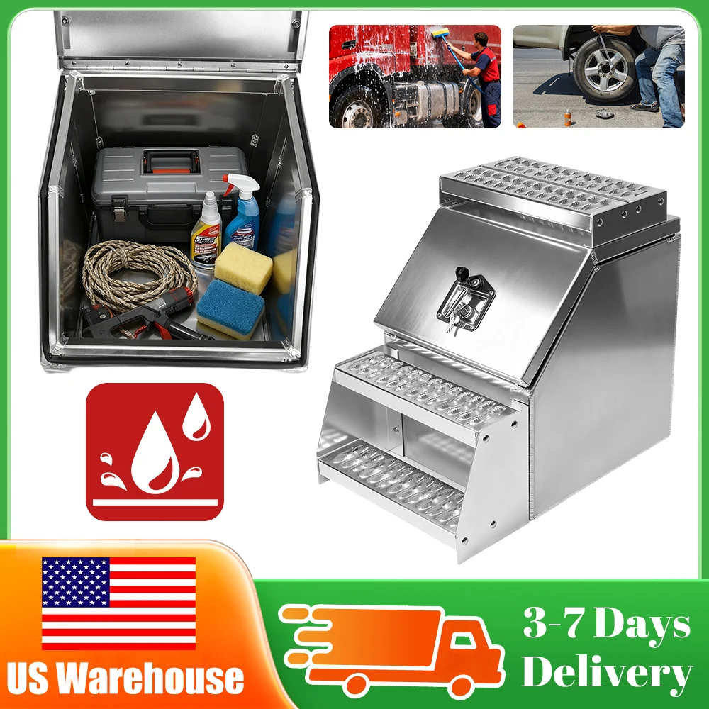 

Aluminum Semi Truck Side Mount Tool Box 17.99x27.99x25inch Waterproof Saddle Step Storage Box with Lock for Most Semi Truck Mode