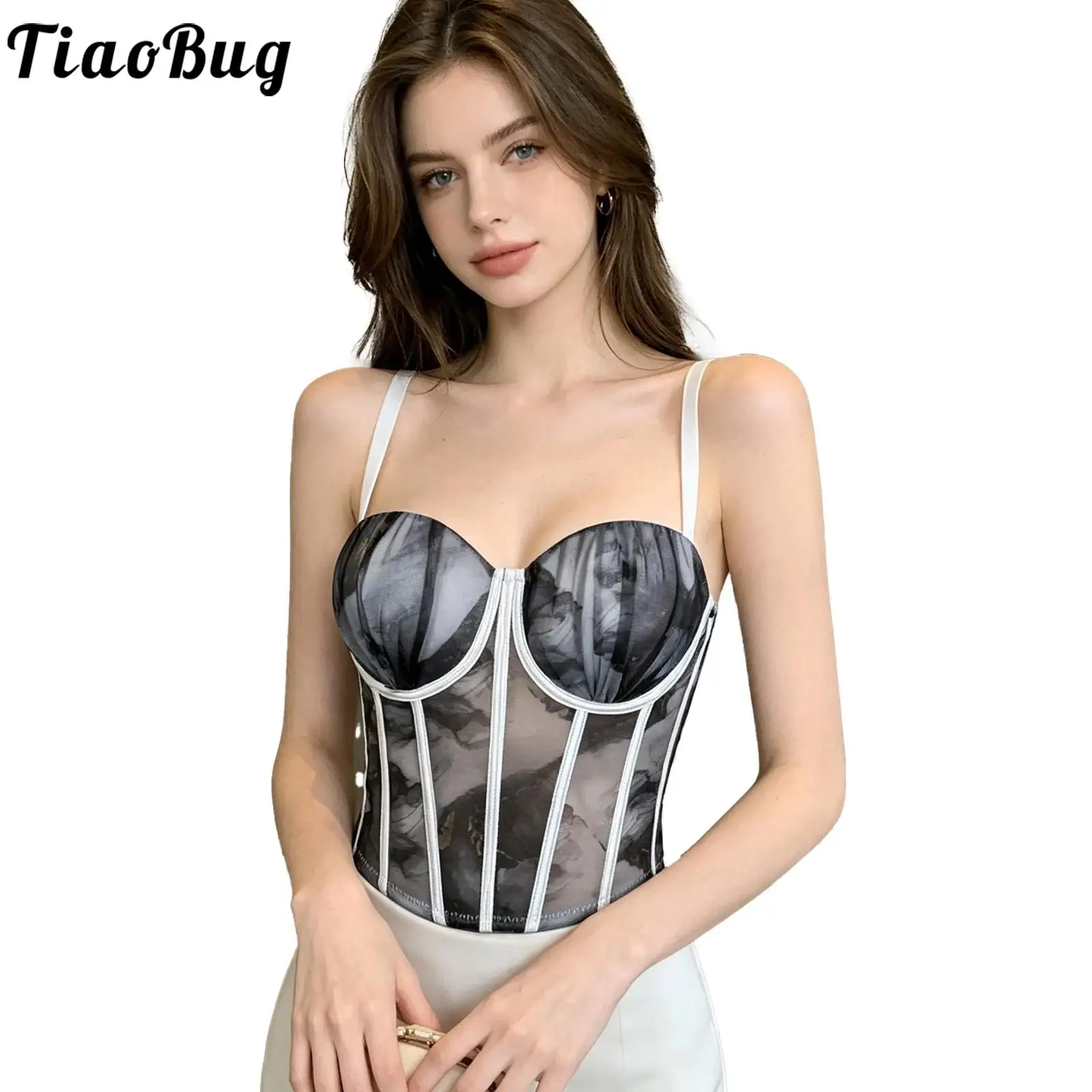 36B-40C Women Print Corset Tops Supportive Underwire Spaghetti Straps Push-up Padded Cup Boned Bustier Crop Top for Party Travel